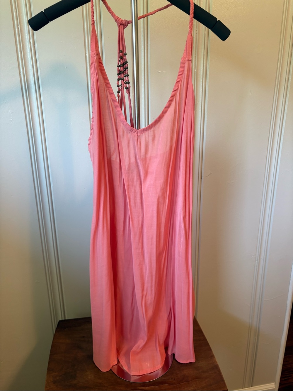 Coral Pink Halter Beach Cover-Up with Beaded Back